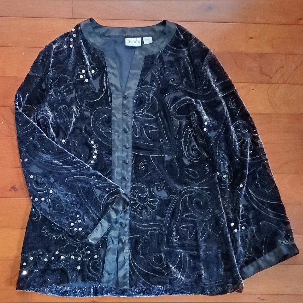 Chico's Black Velvet Jacket with Embellishments Size 1